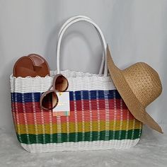 Nwt Woven Beach Plastic Tote Bag Very Strong And Flexible, Vibrant Colors. Perfect For The Beach, A Picnic, Cruise, Vacation And So Much More! *Approx: 22" L X 12.5" H X 7" W 9.5" Handles (Hat,Sunglasses And Sandals Not Included.) No Pets No Smoke **Offers Are Welcomed!! Large Capacity White Shoulder Bag For Summer, White Summer Straw Tote Bag, Summer White Straw Tote Bag, Multicolor Rectangular Bag For Vacation, Multicolor Shoulder Bag For Shopping On Vacation, White Rectangular Beach Bag For Vacation, White Large Capacity Shoulder Bag For Beach Season, Large Capacity White Shoulder Bag For Beach Season, Casual White Beach Bag With Adjustable Strap