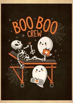 two skeletons are sitting at a table with an orange box in front of them that says boo boo crew