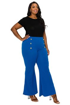 Elevate your ensemble with our chic High-Waisted Flared Pants, exuding timeless elegance and modern flair. Crafted with meticulous attention to detail, these pants feature a flattering high-waisted design that accentuates your curves while offering a comfortable fit. Button details High waisted Elastic waistband Medium weight, high stretch fabrication 95% Polyester 5% Spandex Machine was cold, tumble dry low Made in USA 28.5" Inseam Model is 5'9" and wears a 1X High Waisted Flare Pants, Wide Leg Palazzo Pants, Head Off, Plus Size Boutique, Flowy Pants, High Waisted Flares, Nautical Fashion, Pants Blue, Plus Size Pants