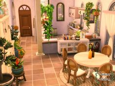 a living room and dining area in an animated style with potted plants on the table