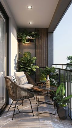 a balcony with chairs and plants on it