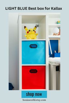 the light blue best box for kallax is on display in this children's room