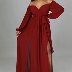 Non-Stretch Dress V Neck Long Sleeves Cutout Backless Buckle Detail Self Tie Underlining Slit Zipper Closure 100% Polyester Hand Wash Cold Model Is Wearing A Small Color- Only Burgundy Is Available This Item Ship 0-1 Day Model Stats Height: 5.6" Bust:34" / Waist:25" / Hips:41" Red Plus Size Dress, Red Long Sleeve Maxi Dress, Maxi Dress With Jacket, Plus Size Red Dress, Sleeved Maxi Dress, Long Sleeve Bridesmaid Dress, Black White Maxi Dress, Colorful Maxi Dress, Long Fitted Dresses