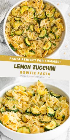 pasta with zucchini and pesto in a white bowl next to the recipe title