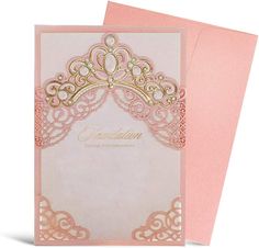 a pink and gold wedding card with the word congratulations on it's front side