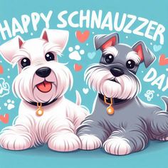 two dogs sitting next to each other on a blue background with the words happy schnauzer day