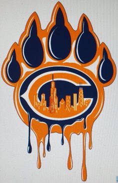 an orange and blue paw print with the chicago bears logo