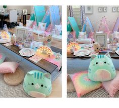 two pictures of the same table setting for a birthday party with cat pillows, plates and decorations