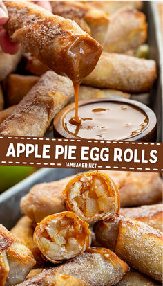 One image shows an egg roll being dipped into caramel sauce  in front of several more egg rolls. The second image shows a cross-section of an apple pie egg roll on top of more egg rolls. Apple Pie Egg Rolls, Fuji Apple, Egg Roll Recipes, Apple Dessert Recipes, Oreo Dessert, Sweet Snacks Recipes, Egg Roll, Fun Baking Recipes, Egg Rolls