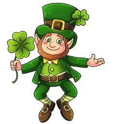 a cartoon leprezi man holding a shamrock in his hand and wearing a green hat