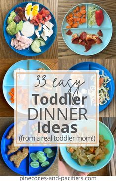 three plates with different types of food on them and the words, 3 easy toddler dinner ideas from a real toddler mom