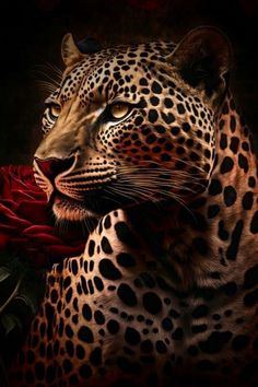 a painting of a leopard with red roses