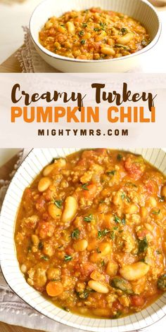 creamy turkey and pumpkin chili in a white bowl