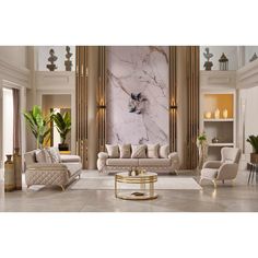 an elegant living room with marble walls and white couches, gold coffee table and chandelier