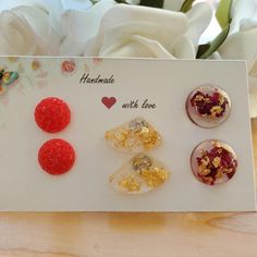 Flower Stud Earrings, Earrings, Stud Earrings Set - Handmade metallic red druzy earrings, gold flake shell earrings, rose petals and gold flake semi-sphere earrings Resin Flower Jewelry, Bridal Party Jewelry, Red Rose Petals, Ear Pins, Gold Leaf Earrings, Earrings Resin, Bracelet Earring Set, Flower Stud Earrings, Flower Girl Gifts