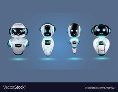 four robots with different facial expressions and headphones on their heads, all in various positions