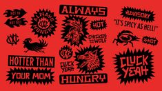 various stickers on a red background