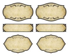 a set of four blank labels with ornate scrolls and scrolls on the edges, in black ink