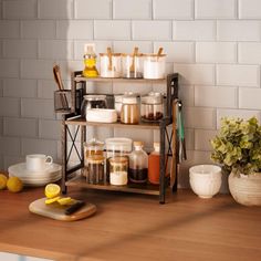 a kitchen counter with various items on it