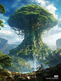 an image of a giant tree in the middle of a forest with waterfalls on it