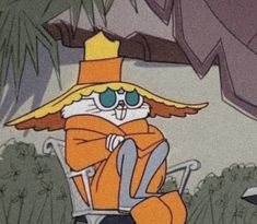 a cartoon character sitting on top of a chair in front of some plants and trees