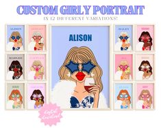 an advertisement for the custom girly portrait in 12 different variations, featuring various women's avatars