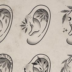 four different types of ear piercings with leaves and flowers on them, all drawn in black ink