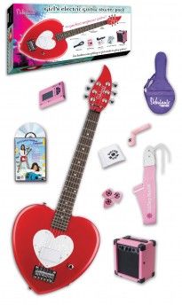 a red guitar with its accessories in front of it