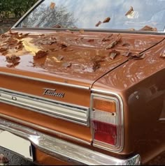 an old car is parked on the side of the road with leaves all over it