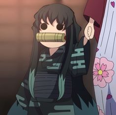 a woman with long black hair wearing a mask and holding a large object in her hand