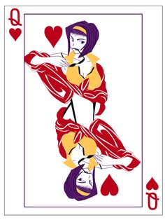 a playing card with two women in red, yellow and purple on the back side