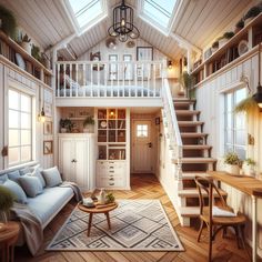 a living room filled with furniture next to a staircase leading up to a second story