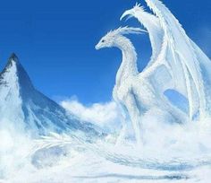 a white dragon standing on top of a snow covered mountain