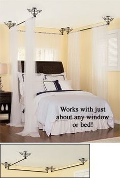 a bed with white sheets and pillows in a bedroom next to a window that says works with just about any window or bed