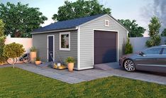 a car is parked in front of a small shed with a garage on the side