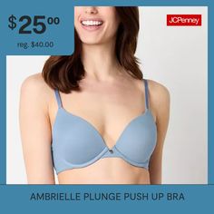 This Ambrielle women's plunge push-up bra is crafted from smooth microfiber with just the right amount of padding for a flattering fit. It provides medium support and features a hook-and-eye back closure. Bra Type: PlungeFeatures: PaddedClosure Type: Hook & EyeSupport: Medium SupportFiber Content: 84% Nylon, 16% SpandexFabric Description: MicrofiberCup Fiber Content: 84% Nylon, 16% SpandexLining Material: Spandex, NylonCare: Line Dry, Hand WashMaterial: NylonCountry of Origin: Imported Bra Types, Full Figured, Padded Bras, Push Up Bra, Push Up, Spandex, Bra, Blue