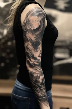 a woman with a full sleeve tattoo on her arm and shoulder is looking at the sky