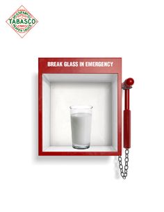 a red box with a glass in it and the words break glass in emergency written below