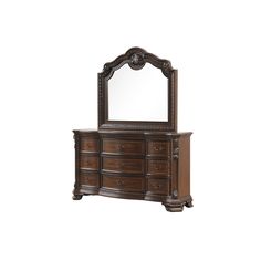 an ornate dresser with mirror on top and drawers in the bottom drawer, against a white background