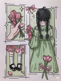 a drawing of a girl holding flowers in front of her face and wearing black shoes