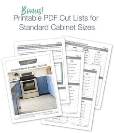 three printable kitchen cabinet sizes with the words, bemus printable pdf lists for