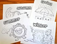 four coloring pages with the words autumn and winter written in black on them, sitting on a wooden surface