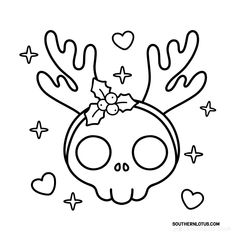 a skull with antlers on it's head and hearts around its neck, surrounded by stars