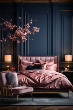 a bedroom with blue walls, pink bedding and two chairs in front of the bed