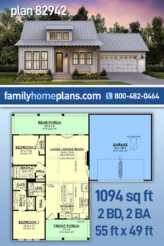 two story house plan with garage and living room on the first floor is shown in this image