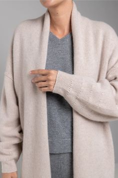 TN04R21 - Recycled Cashmere (60% cashmere | 40% recycled cashmere)- Shawl collar with full tapered sleeve- Open front- Rolled hem edge - Model is 5'10" wearing a size S Cashmere Clothes, College Wardrobe, Recycled Cashmere, Shawl Collar Cardigan, Longline Cardigan, Cashmere Shawl, Collar Cardigan, Style Cardigan, Digital Gift Card