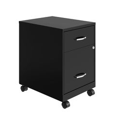 a black filing cabinet with two drawers on wheels