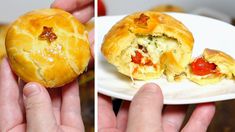 there is a hand holding a piece of food on a plate and another photo showing the inside of a pastry