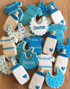 baby shower cookies with blue and white decorations