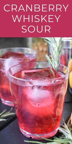 cranberry whiskey sour with rosemary garnish in glasses